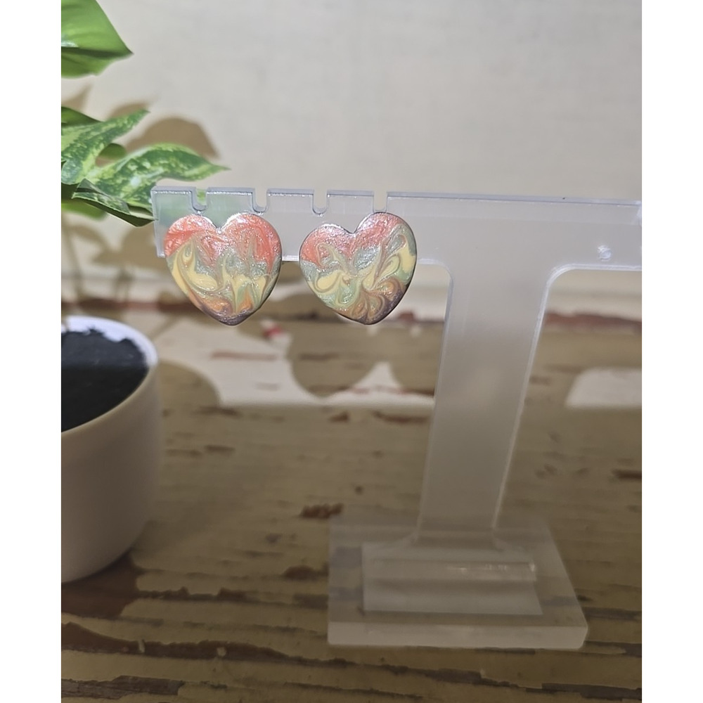 Vtg Multicolor Marbled Heart Shaped Stunning Fashion Jewelry Womans Earrings
